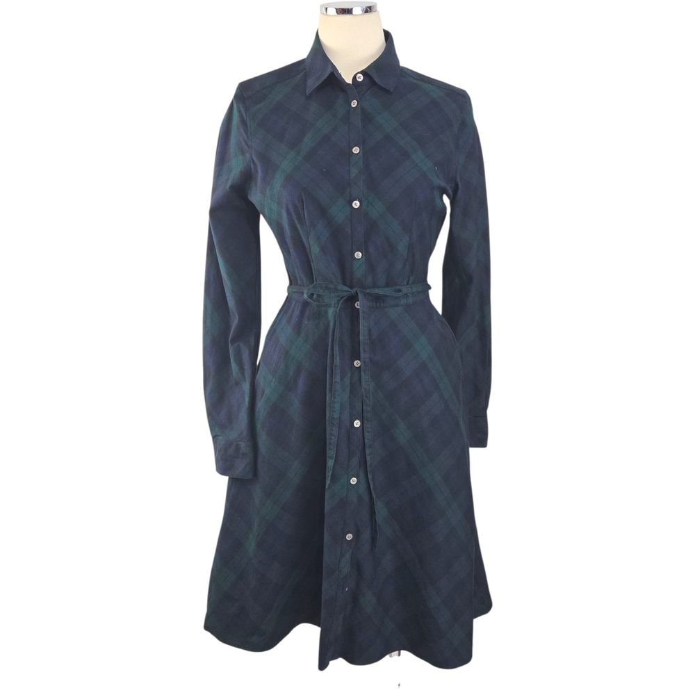 UNTUCKit Holly Plaid Shirt Dress 8 Navy Green Tartan Dark Academia Prep Stretch